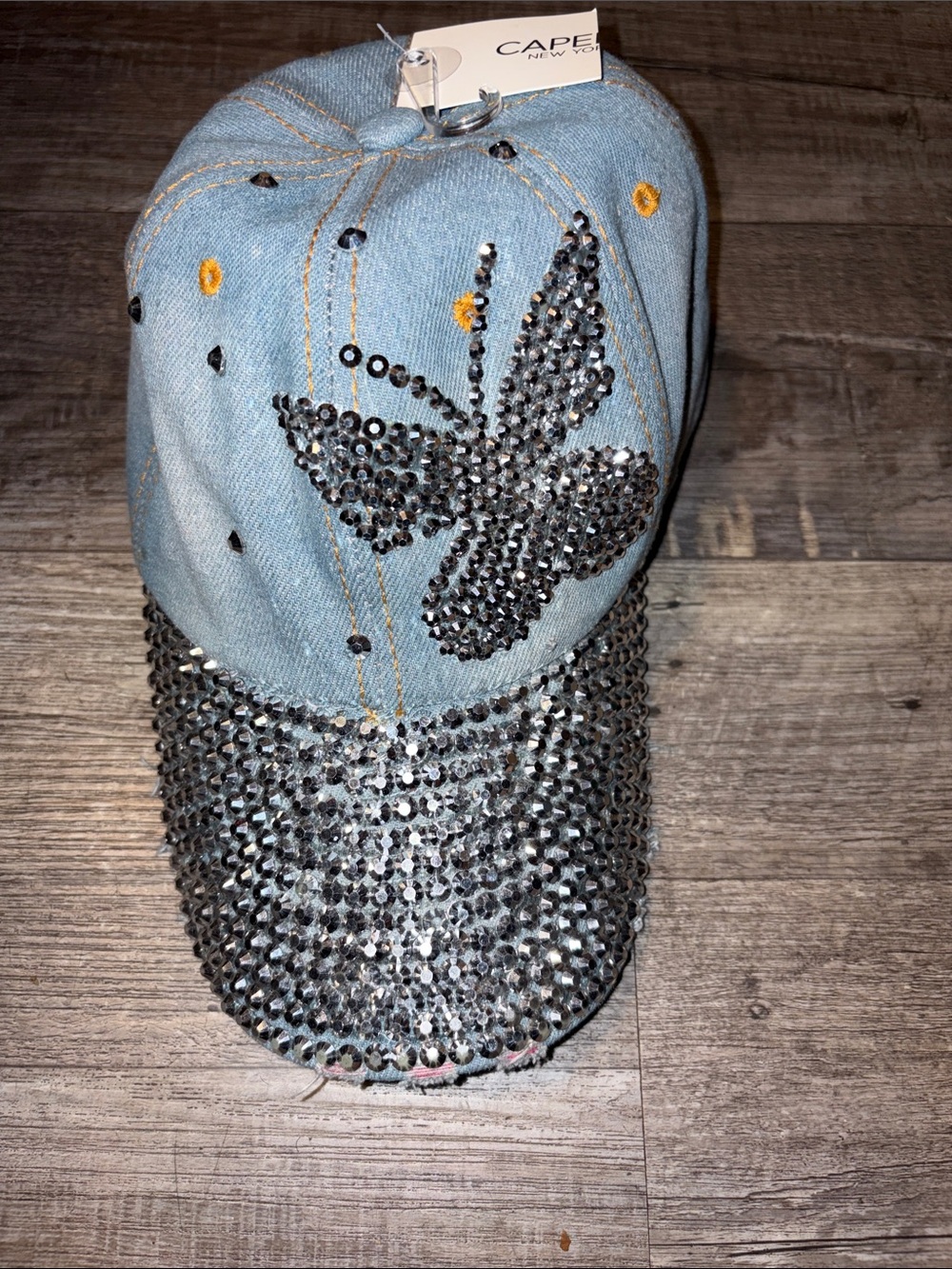 Capelli of New York Light Blue Denim Baseball Cap with Silver Rhinestones